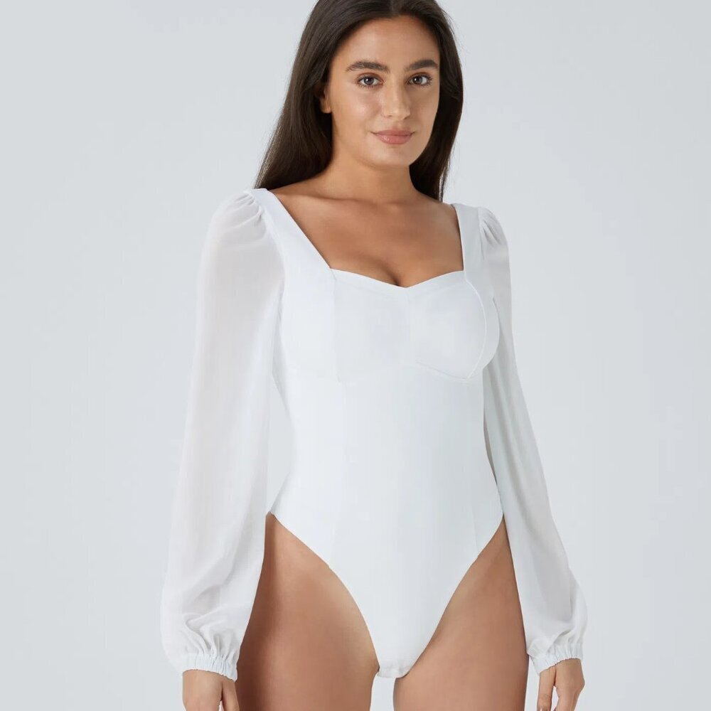 HALARA bodysuit sweetheart neckline mesh bishop sleeve white SoftlyZero new L